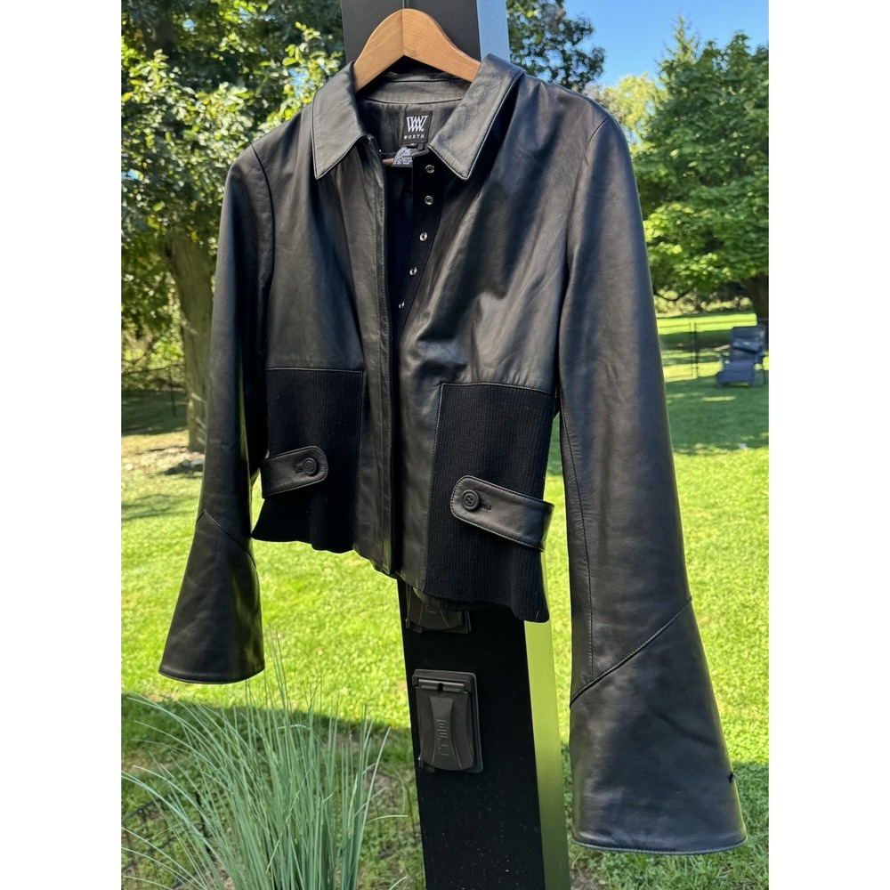 Worth Women's Black Genuine Leather Jacket 10 Wool Knit Panels, Bell Sleeves Y2K